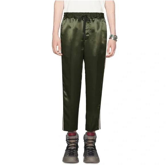 GUCCI MENS ACETATE SILK JOGGING STRIPE GREEN PANTS SIZE 52 EU - Picture 2 of 10